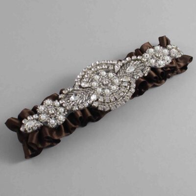 Coffee Satin Wedding Garter / Solid Brown Wedding Garters / Charlotte # (850-850)-01-A06-Silver