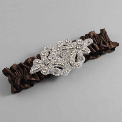Coffee Satin Wedding Garter / Solid Brown Wedding Garters / Heather # (850-850)-01-A07-Silver