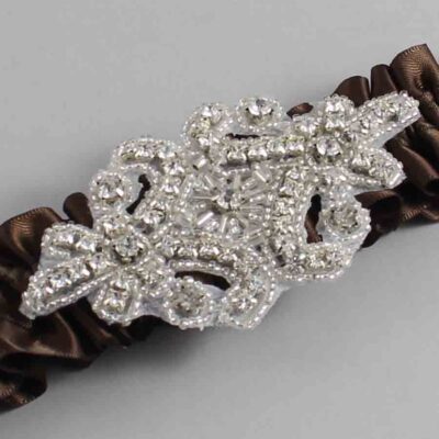 Coffee Satin Wedding Garter / Solid Brown Wedding Garters / Heather # (850-850)-01-A07-Silver