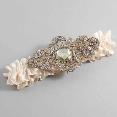 Antique White Satin with Brown Wedding Garter / White Wedding Garters / Bijou # (860-860)-01-A01-Antique