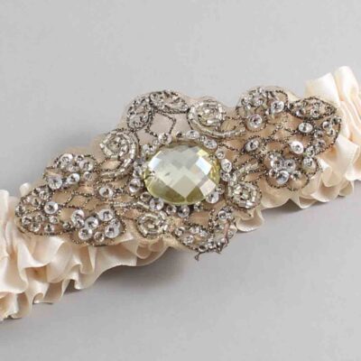 Antique White Satin with Brown Wedding Garter / White Wedding Garters / Bijou # (860-860)-01-A01-Antique