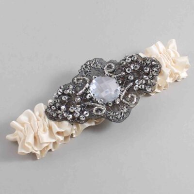 Antique White Satin with Black Wedding Garter / White Wedding Garters / Bijou # (860-860)-01-A02-Black