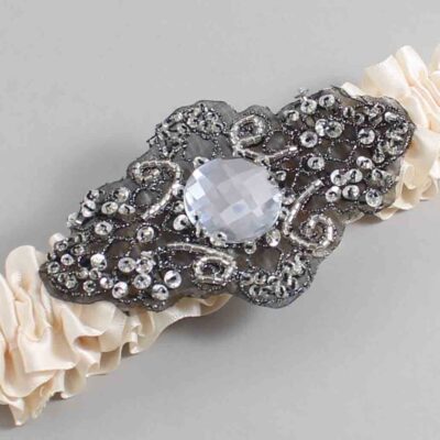 Antique White Satin with Black Wedding Garter / White Wedding Garters / Bijou # (860-860)-01-A02-Black