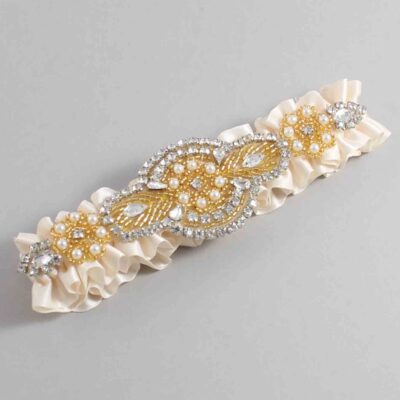 Antique White Satin with Gold Wedding Garter / White Wedding Garters / Charlotte # (860-860)-01-A05-Gold
