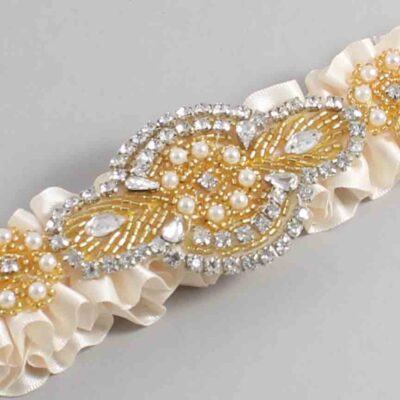 Antique White Satin with Gold Wedding Garter / White Wedding Garters / Charlotte # (860-860)-01-A05-Gold