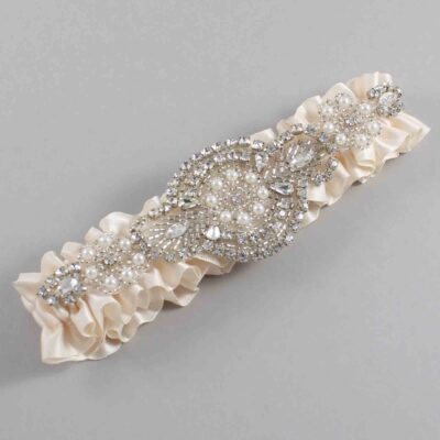Antique White Satin Wedding Garter / Solid White Wedding Garters / Charlotte # (860-860)-01-A06-Silver