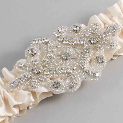 Antique White Satin Wedding Garter / Solid White Wedding Garters / Heather # (860-860)-01-A07-Silver