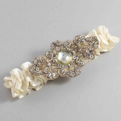 Ivory Satin with Brown Wedding Garter / Ivory Wedding Garters / Bijou # (871-871)-01-A01-Antique