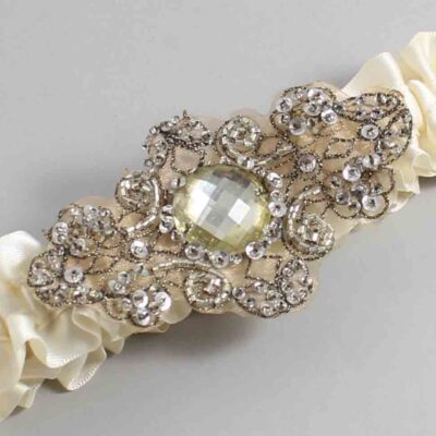 Ivory Satin with Brown Wedding Garter / Ivory Wedding Garters / Bijou # (871-871)-01-A01-Antique