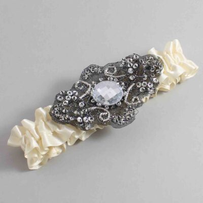 Ivory Satin with Black Wedding Garter / Ivory Wedding Garters / Bijou # (871-871)-01-A02-Black