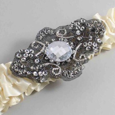 Ivory Satin with Black Wedding Garter / Ivory Wedding Garters / Bijou # (871-871)-01-A02-Black