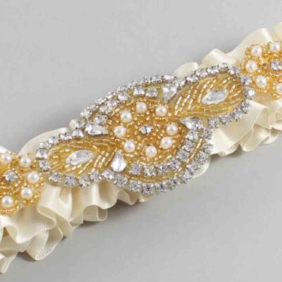 Ivory Satin with Gold Wedding Garter / Ivory Wedding Garters / Charlotte # (871-871)-01-A05-Gold
