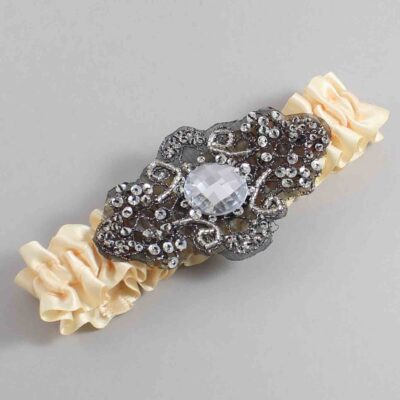 Cream Satin with Black Wedding Garter / Ivory Wedding Garters / Bijou # (882-882)-01-A02-Black