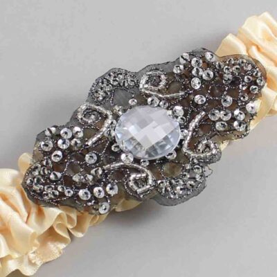 Cream Satin with Black Wedding Garter / Ivory Wedding Garters / Bijou # (882-882)-01-A02-Black