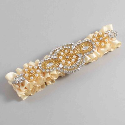 Cream Satin with Gold Wedding Garter / Ivory Wedding Garters / Charlotte # (882-882)-01-A05-Gold