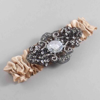 Tan Satin with Black Wedding Garter / Brown Wedding Garters / Bijou # (892-892)-01-A02-Black