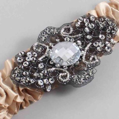 Tan Satin with Black Wedding Garter / Brown Wedding Garters / Bijou # (892-892)-01-A02-Black