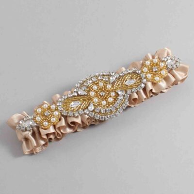 Tan Satin with Gold Wedding Garter / Brown Wedding Garters / Charlotte # (892-892)-01-A05-Gold