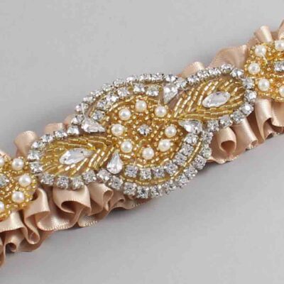 Tan Satin with Gold Wedding Garter / Brown Wedding Garters / Charlotte # (892-892)-01-A05-Gold