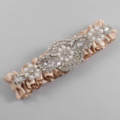 Tan Satin Wedding Garter / Solid Brown Wedding Garters / Charlotte # (892-892)-01-A06-Silver