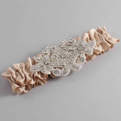 Tan Satin Wedding Garter / Solid Brown Wedding Garters / Heather # (892-892)-01-A07-Silver