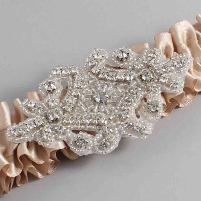 Tan Satin Wedding Garter / Solid Brown Wedding Garters / Heather # (892-892)-01-A07-Silver