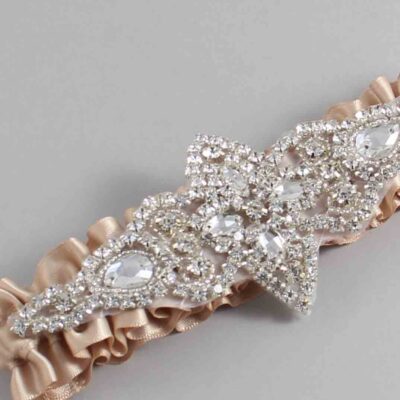 Tan Satin Wedding Garter / Solid Brown Wedding Garters / Lorine # (892-892)-01-A09-Silver