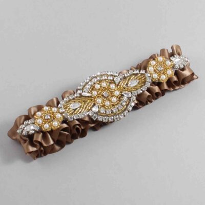 Sable Satin with Gold Wedding Garter / Brown Wedding Garters / Charlotte # (922-922)-01-A05-Gold