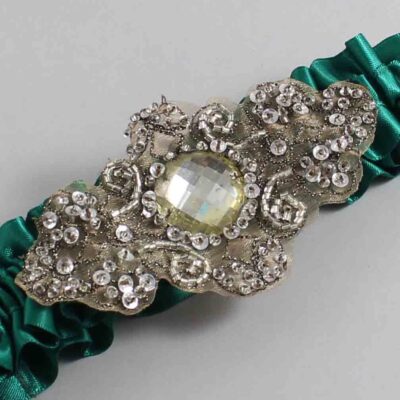 Hunter Green Satin with Brown Wedding Garter / Green Wedding Garters / Bijou # (925-925)-01-A01-Antique
