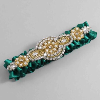 Hunter Green Satin with Gold Wedding Garter / Green Wedding Garters / Charlotte # (925-925)-01-A05-Gold