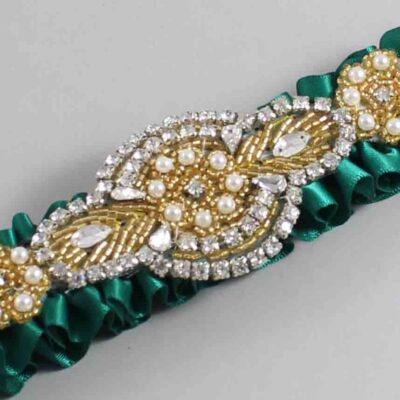 Hunter Green Satin with Gold Wedding Garter / Green Wedding Garters / Charlotte # (925-925)-01-A05-Gold