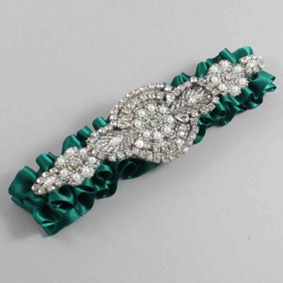 Hunter Green Satin Wedding Garter / Solid Green Wedding Garters / Charlotte # (925-925)-01-A06-Silver