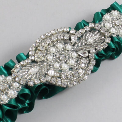 Hunter Green Satin Wedding Garter / Solid Green Wedding Garters / Charlotte # (925-925)-01-A06-Silver