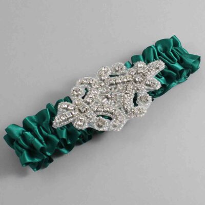 Hunter Green Satin Wedding Garter / Solid Green Wedding Garters / Heather # (925-925)-01-A07-Silver