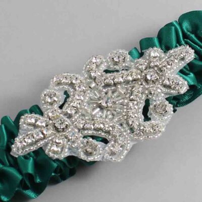 Hunter Green Satin Wedding Garter / Solid Green Wedding Garters / Heather # (925-925)-01-A07-Silver
