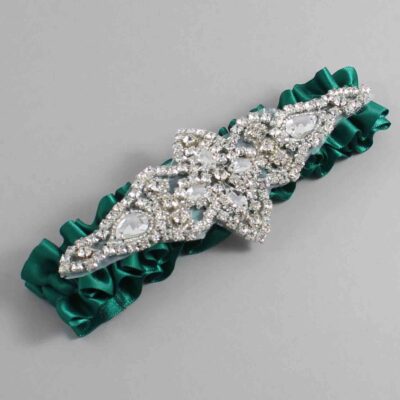 Hunter Green Satin Wedding Garter / Solid Green Wedding Garters / Lorine # (925-925)-01-A09-Silver