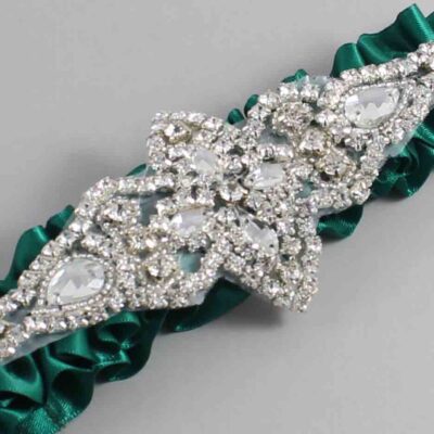 Hunter Green Satin Wedding Garter / Solid Green Wedding Garters / Lorine # (925-925)-01-A09-Silver