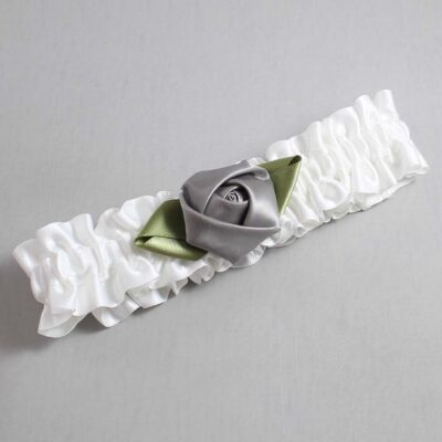 White and Grey Rose Bud Satin Wedding Garter / White and Gray Wedding Garters / Wedding Garter / Custom Wedding Garter / Bridal Garter / Prom Garter / Linda Joyce Couture / Personalized Garter / Personalized Wedding Garter / Personalized Prom Garter