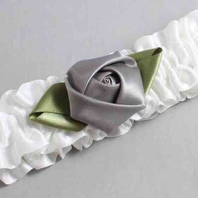 White and Grey Rose Bud Satin Wedding Garter / White and Gray Wedding Garters / Wedding Garter / Custom Wedding Garter / Bridal Garter / Prom Garter / Linda Joyce Couture / Personalized Garter / Personalized Wedding Garter / Personalized Prom Garter