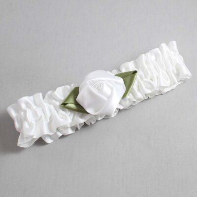 White and Willow Rose Bud Satin Wedding Garter / White and Green Wedding Garters / Wedding Garter / Custom Wedding Garter / Bridal Garter / Prom Garter / Linda Joyce Couture / Personalized Garter / Personalized Wedding Garter / Personalized Prom Garter