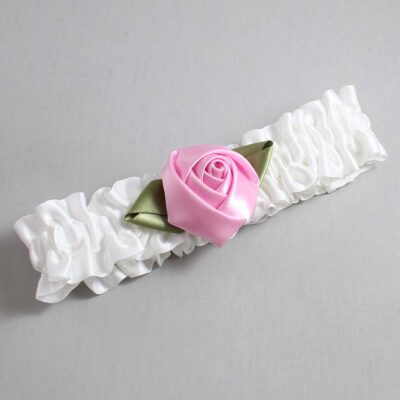 White and Tulip Rose Bud Satin Wedding Garter / White and Pink Wedding Garters / Wedding Garter / Custom Wedding Garter / Bridal Garter / Prom Garter / Linda Joyce Couture / Personalized Garter / Personalized Wedding Garter / Personalized Prom Garter