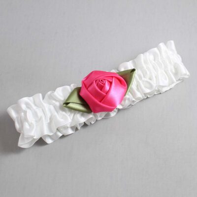 White and Hot Magenta Rose Bud Satin Wedding Garter / White and Pink Wedding Garters / Wedding Garter / Custom Wedding Garter / Bridal Garter / Prom Garter / Linda Joyce Couture / Personalized Garter / Personalized Wedding Garter / Personalized Prom Garter