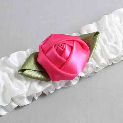 White and Hot Magenta Rose Bud Satin Wedding Garter / White and Pink Wedding Garters / Wedding Garter / Custom Wedding Garter / Bridal Garter / Prom Garter / Linda Joyce Couture / Personalized Garter / Personalized Wedding Garter / Personalized Prom Garter