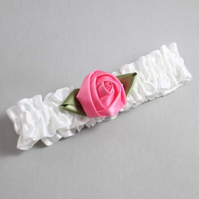 White and Hot Pink Rose Bud Satin Wedding Garter / White and Pink Wedding Garters / Wedding Garter / Custom Wedding Garter / Bridal Garter / Prom Garter / Linda Joyce Couture / Personalized Garter / Personalized Wedding Garter / Personalized Prom Garter