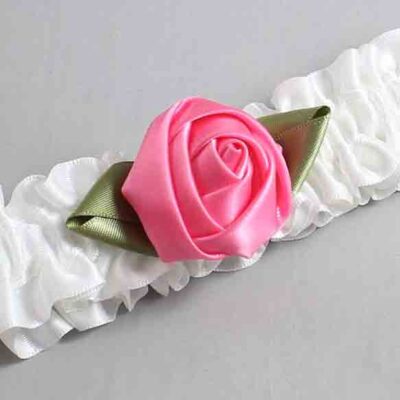 White and Hot Pink Rose Bud Satin Wedding Garter / White and Pink Wedding Garters / Wedding Garter / Custom Wedding Garter / Bridal Garter / Prom Garter / Linda Joyce Couture / Personalized Garter / Personalized Wedding Garter / Personalized Prom Garter