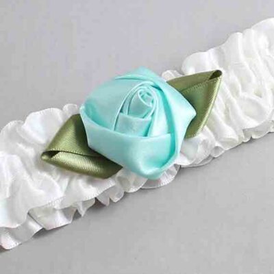 White and Aqua Rose Bud Satin Wedding Garter / White and Teal Wedding Garters / Wedding Garter / Custom Wedding Garter / Bridal Garter / Prom Garter / Linda Joyce Couture / Personalized Garter / Personalized Wedding Garter / Personalized Prom Garter