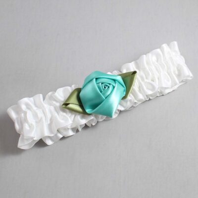White and Tropic Rose Bud Satin Wedding Garter / White and Teal Wedding Garters / Wedding Garter / Custom Wedding Garter / Bridal Garter / Prom Garter / Linda Joyce Couture / Personalized Garter / Personalized Wedding Garter / Personalized Prom Garter