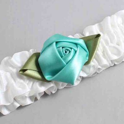 White and Tropic Rose Bud Satin Wedding Garter / White and Teal Wedding Garters / Wedding Garter / Custom Wedding Garter / Bridal Garter / Prom Garter / Linda Joyce Couture / Personalized Garter / Personalized Wedding Garter / Personalized Prom Garter