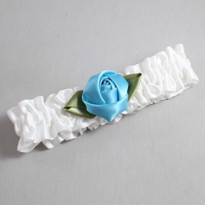 White and Turquoise Rose Bud Satin Wedding Garter / White and Blue Wedding Garters / Wedding Garter / Custom Wedding Garter / Bridal Garter / Prom Garter / Linda Joyce Couture / Personalized Garter / Personalized Wedding Garter / Personalized Prom Garter