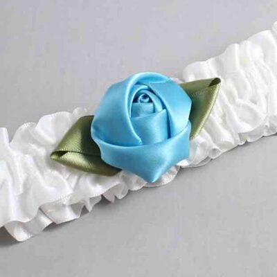 White and Turquoise Rose Bud Satin Wedding Garter / White and Blue Wedding Garters / Wedding Garter / Custom Wedding Garter / Bridal Garter / Prom Garter / Linda Joyce Couture / Personalized Garter / Personalized Wedding Garter / Personalized Prom Garter